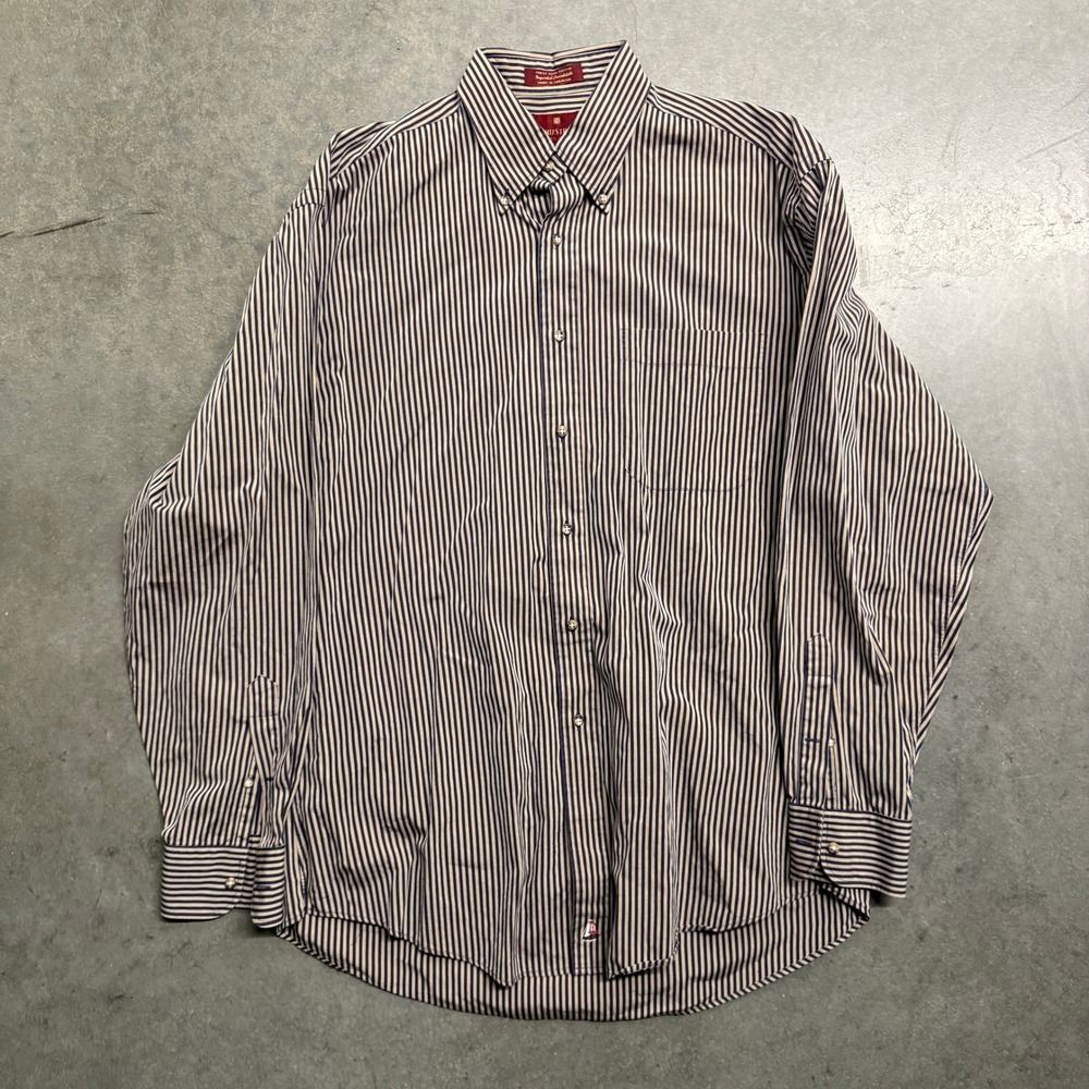 Nordstrom Relaxed Classic Mens 15.5-34 Striped Cotton Broadcloth Shirt Navy Tan